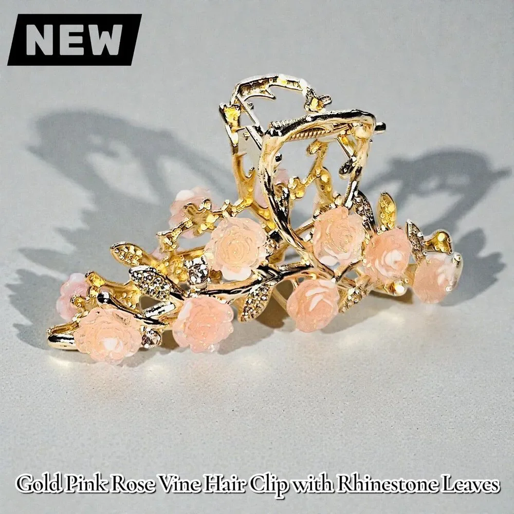 New Gold Pink Rose Vine Hair Clip with Rhinestone Leaves
